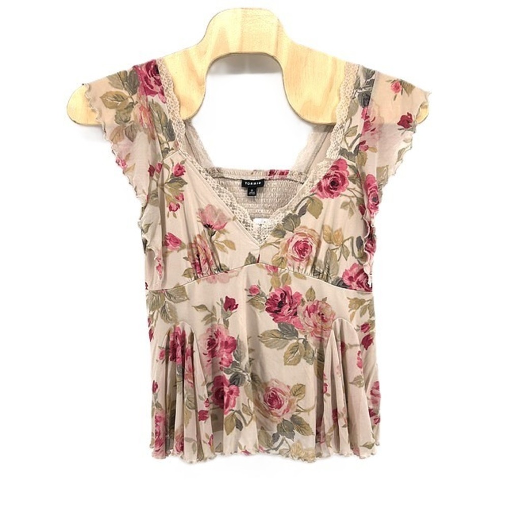 Torrid Stretch Mesh Sweetheart Flutter Fit and Flare Top Rose Floral 0 L 12